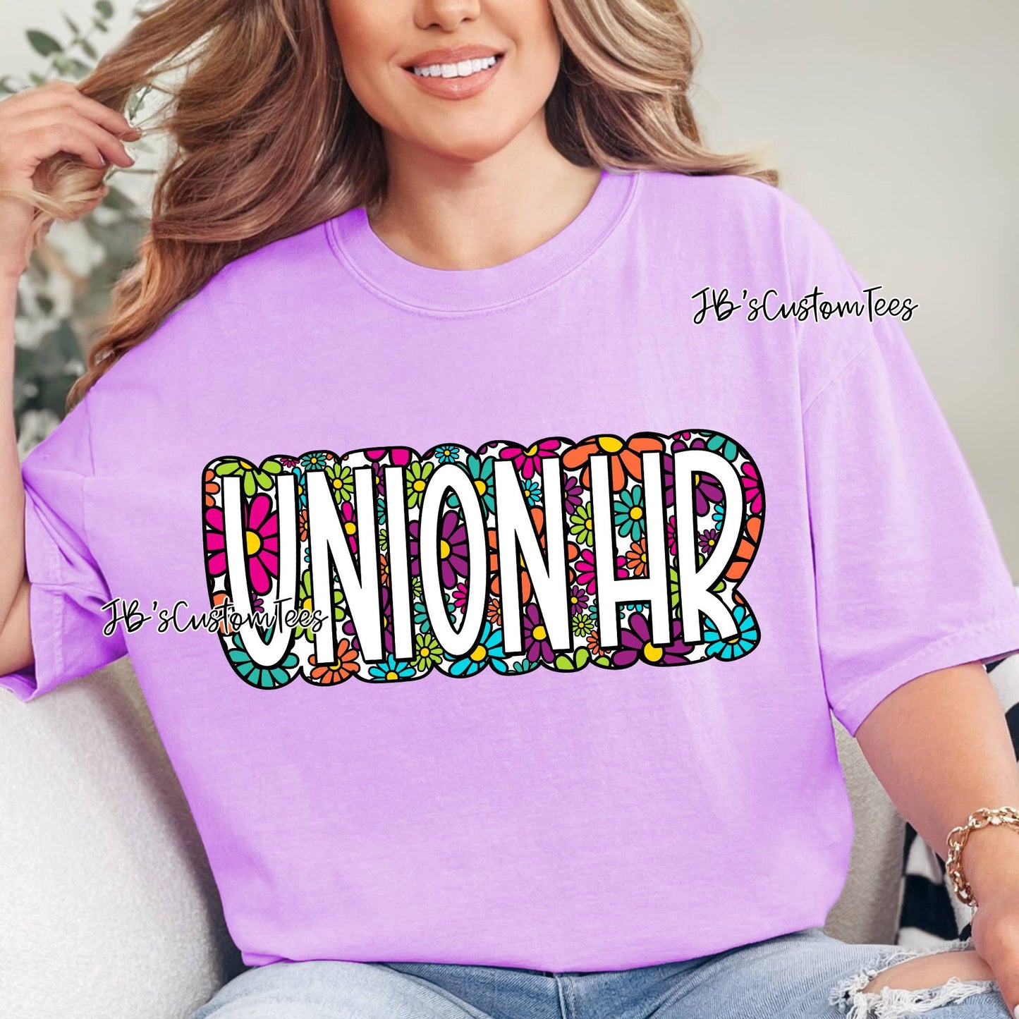 Groovy Floral Union on Neon Violet Comfort Colors Tee
