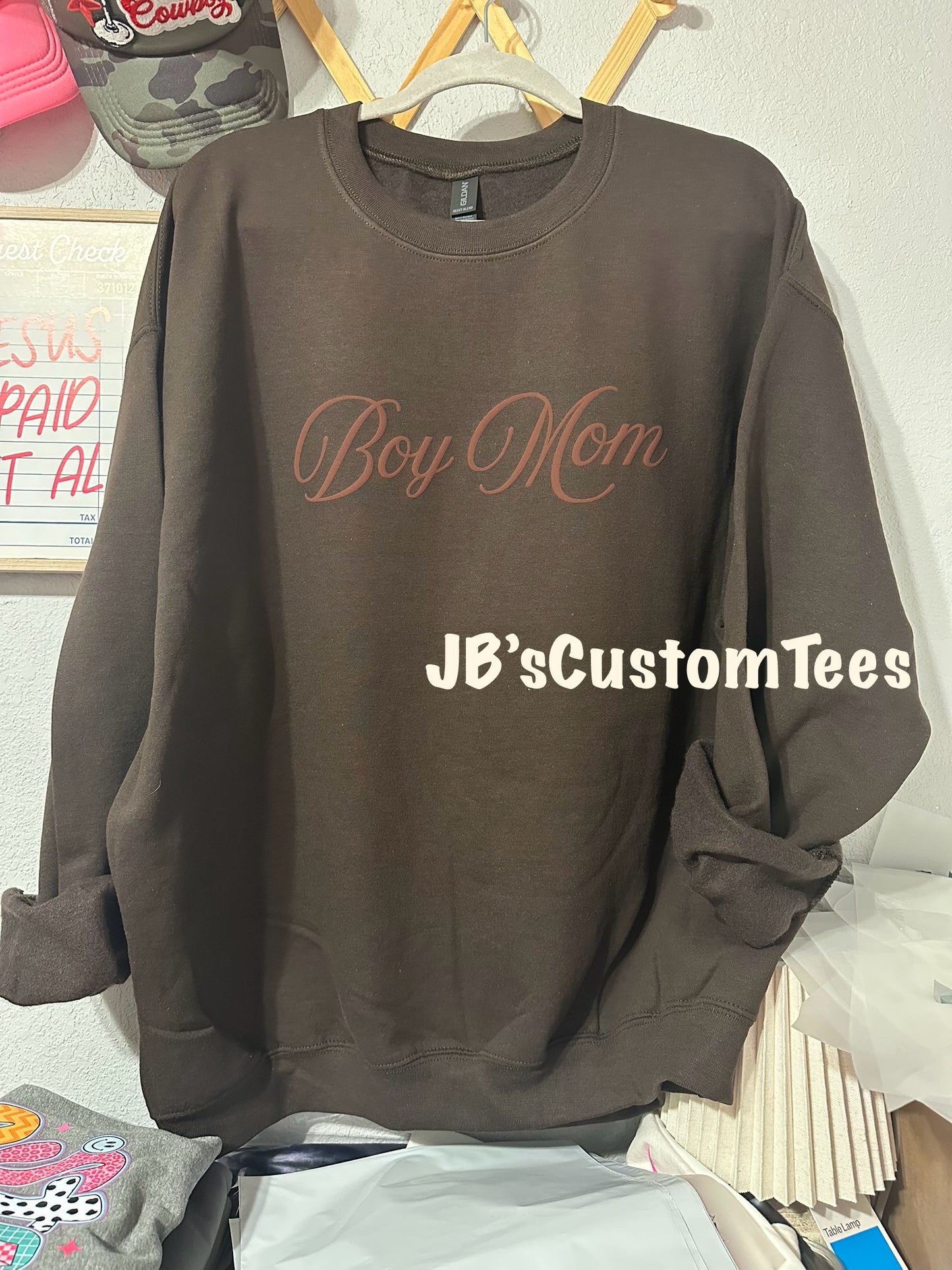 Dark Chocolate Boy Mom Sweatshirt with Brown Puff