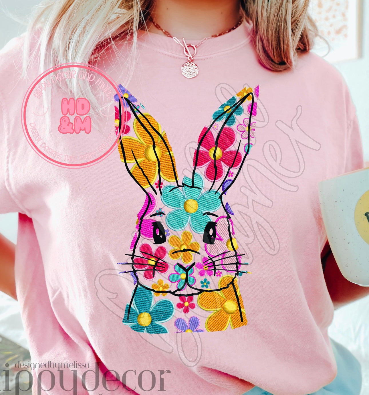 Floral Faux Embroidery Bunny Comfort Colors Tee