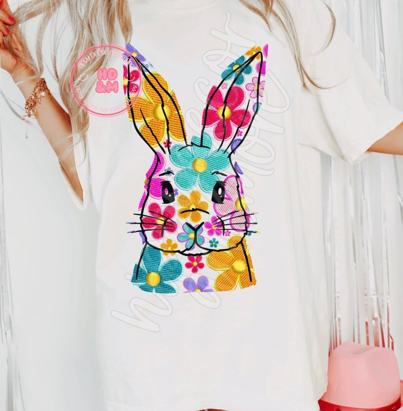 Floral Faux Embroidery Bunny Comfort Colors Tee
