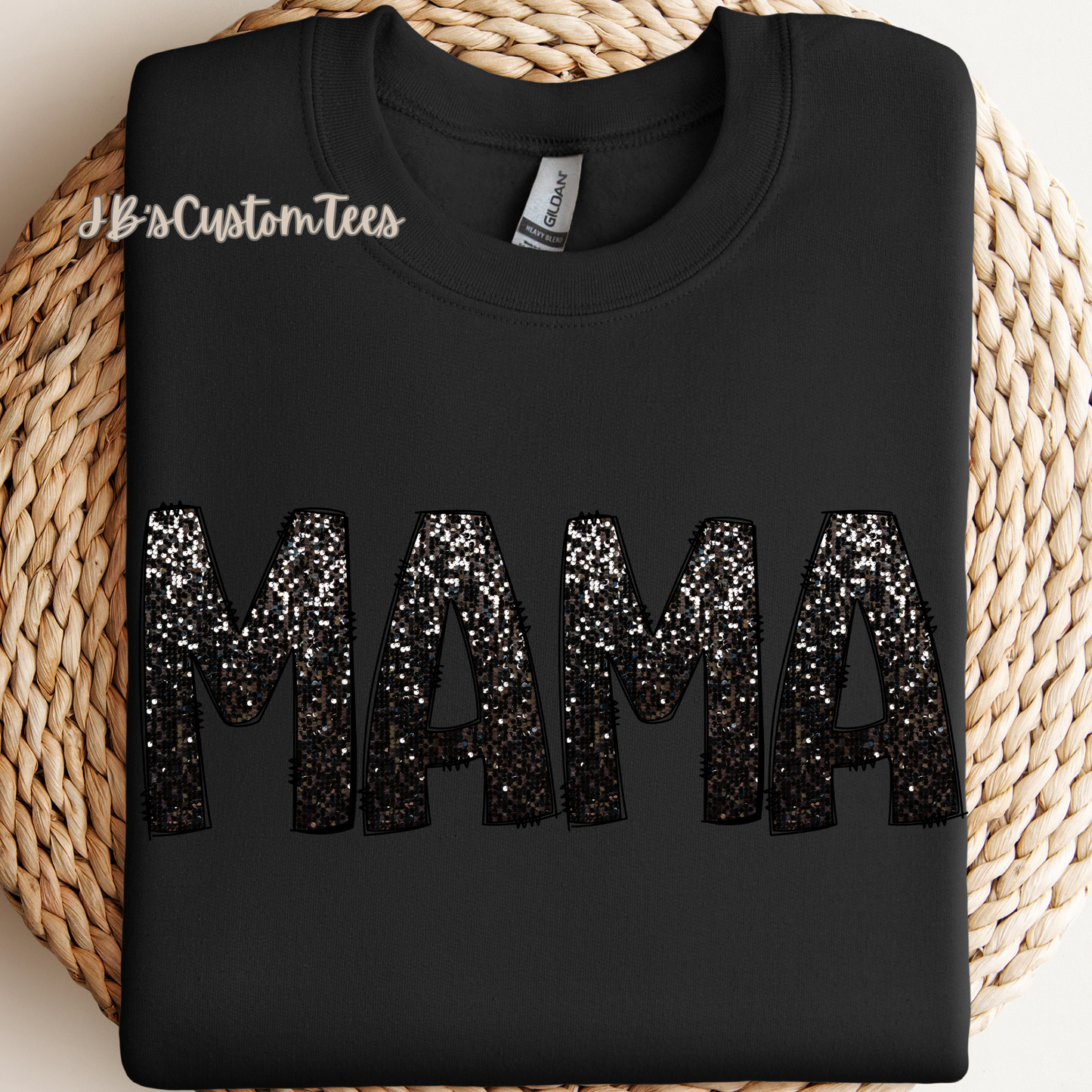 Custom Name Black Faux Sequin on a Black Gildan Sweatshirt