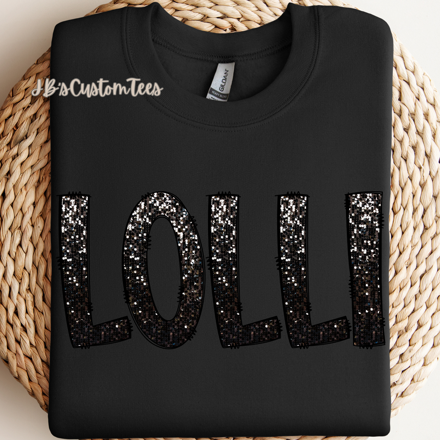 Custom Name Black Faux Sequin on a Black Gildan Sweatshirt