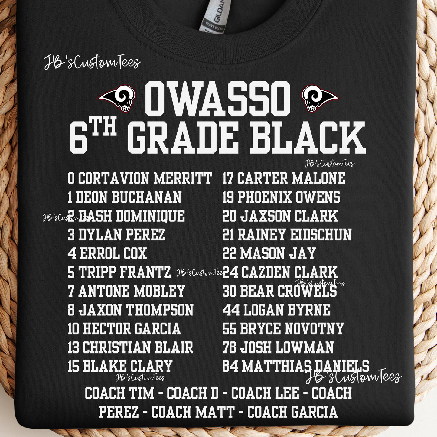 Owasso Rams 6th Grade Black (front) - Roster (back) YOUTH
