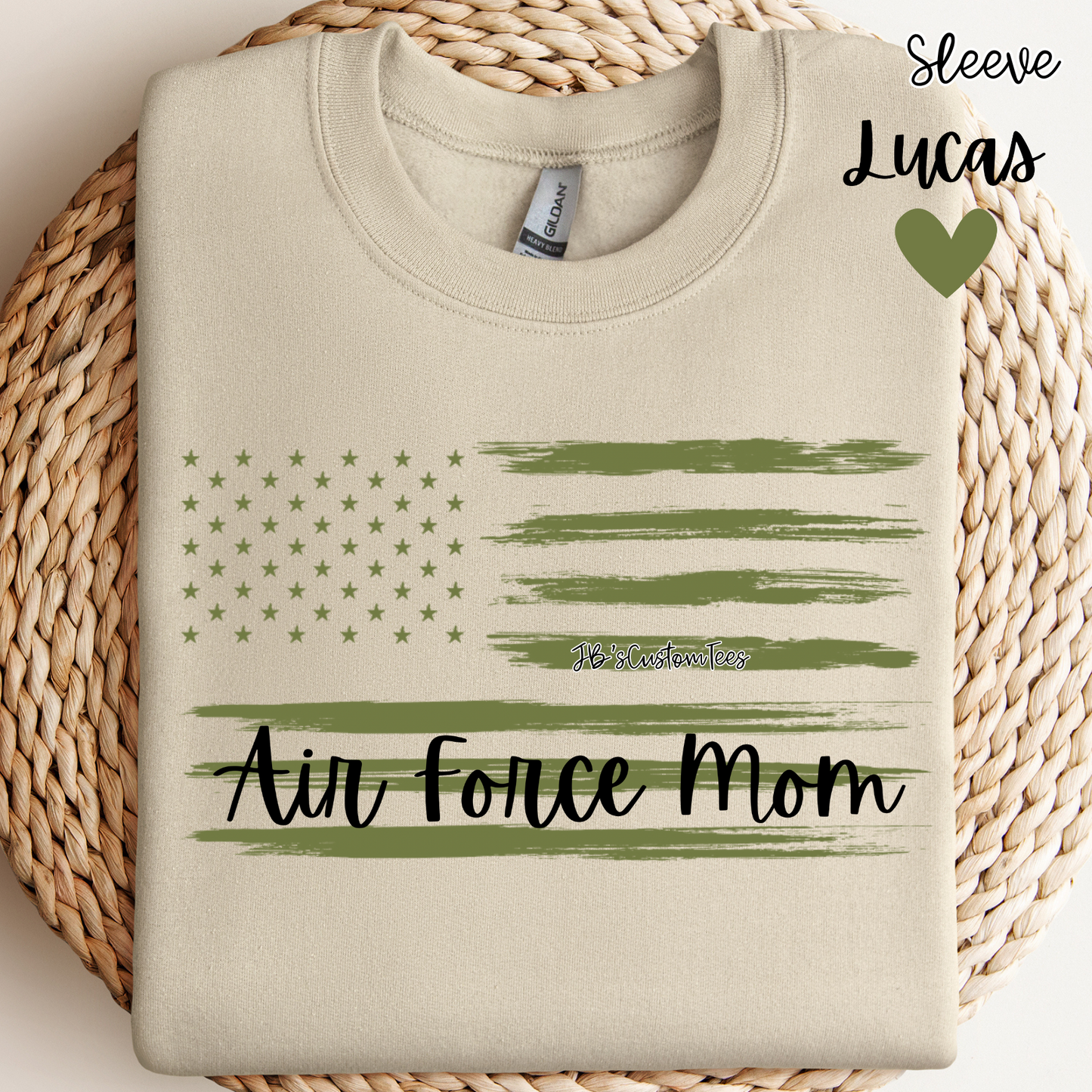 Air Force Mom Sand Sweatshirt with Custom Name on Sleeve