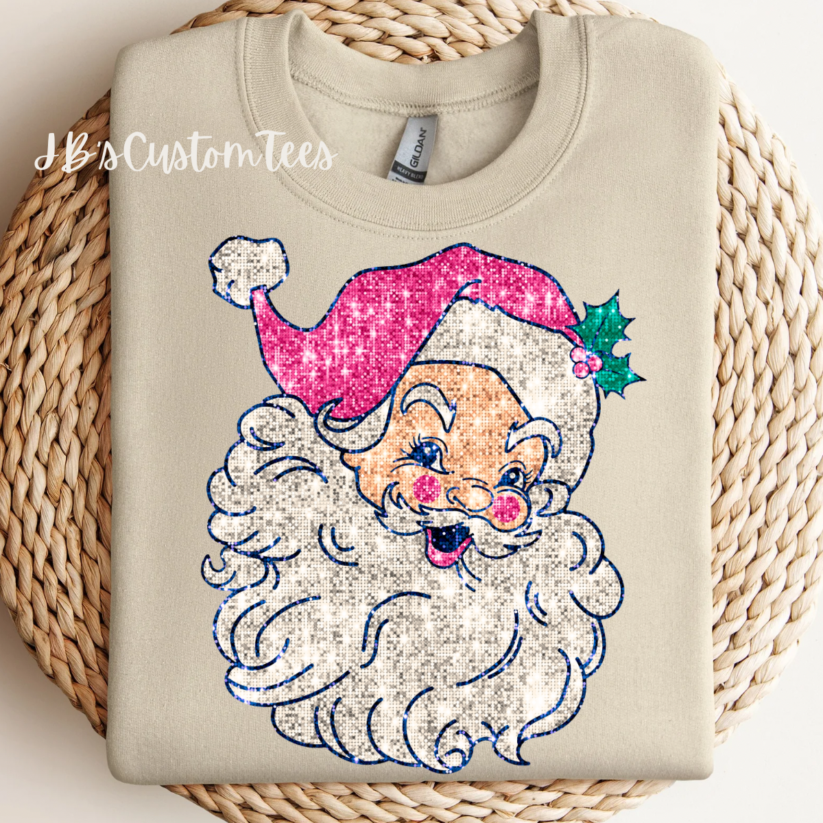 Faux Sparkly Pink Retro Santa Sweatshirt