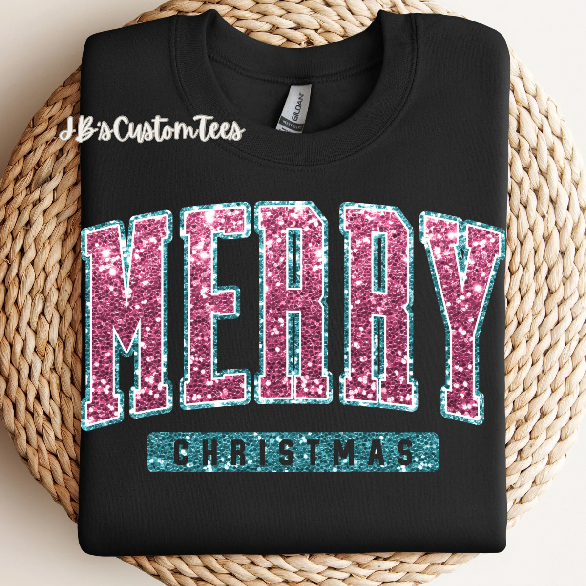 Faux Sequin Merry Christmas Black Sweatshirt