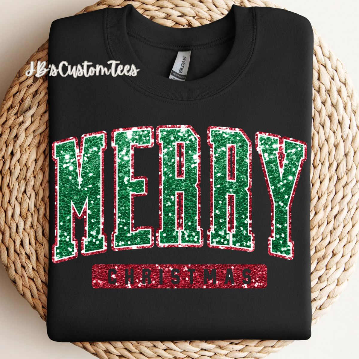 Faux Sequin Merry Christmas Black Sweatshirt