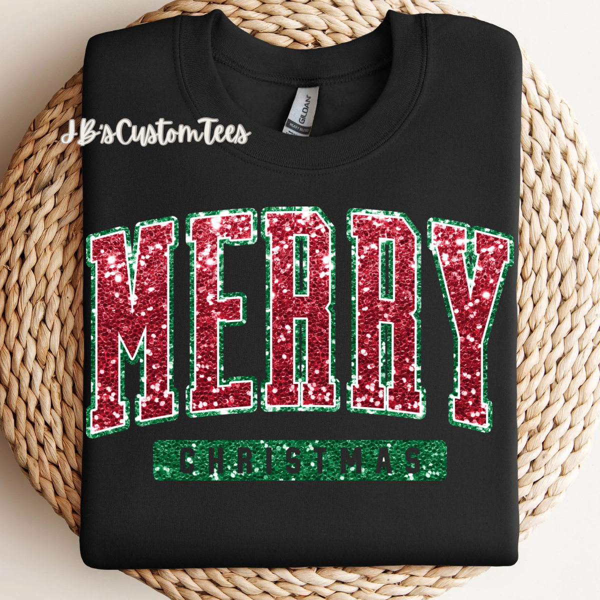 Faux Sequin Merry Christmas Black Sweatshirt