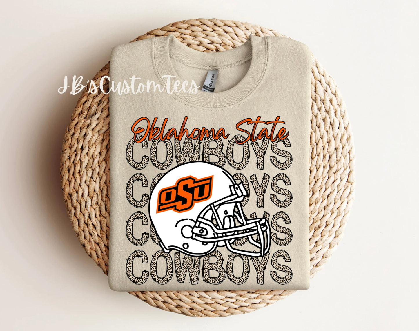 Oklahoma State or Oklahoma Sooners Leopard Helmet Crewneck