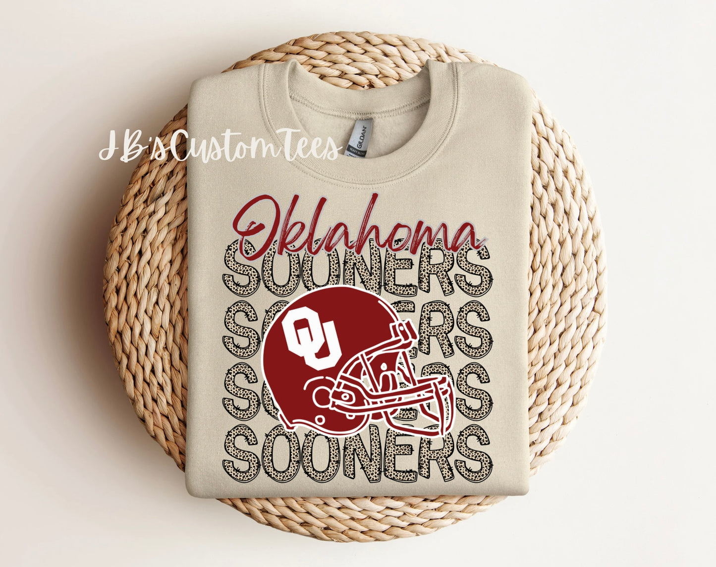 Oklahoma State or Oklahoma Sooners Leopard Helmet Crewneck