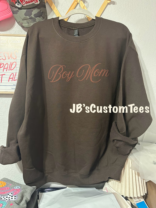 Dark Chocolate Boy Mom Sweatshirt with Brown Puff