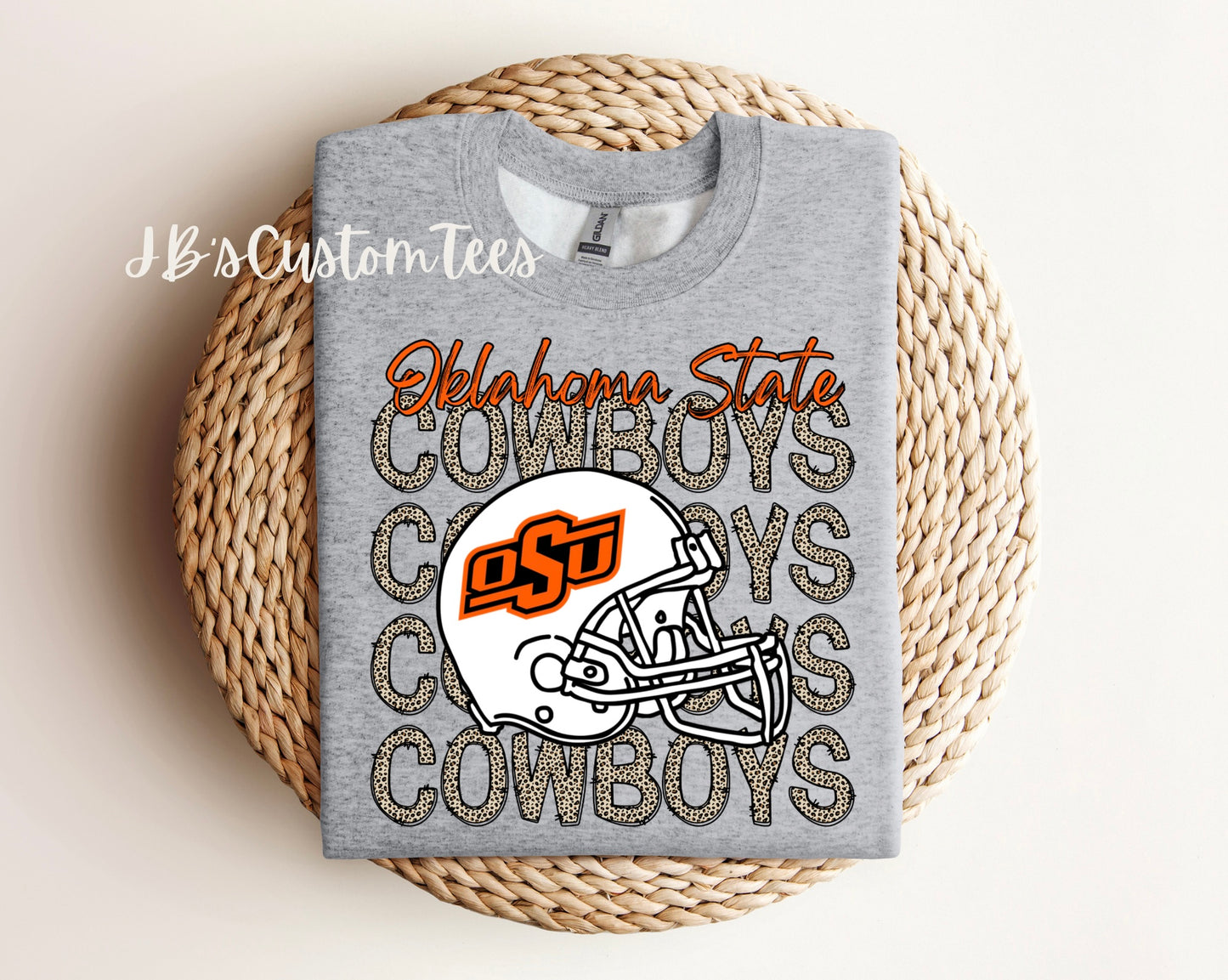 Oklahoma State or Oklahoma Sooners Leopard Helmet Crewneck