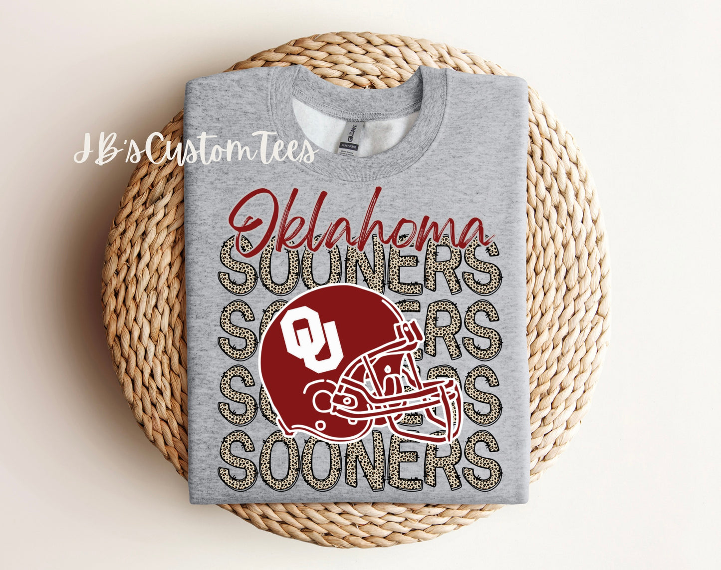 Oklahoma State or Oklahoma Sooners Leopard Helmet Crewneck