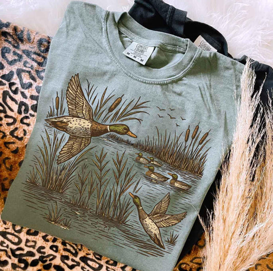 Retro flying mallard duck