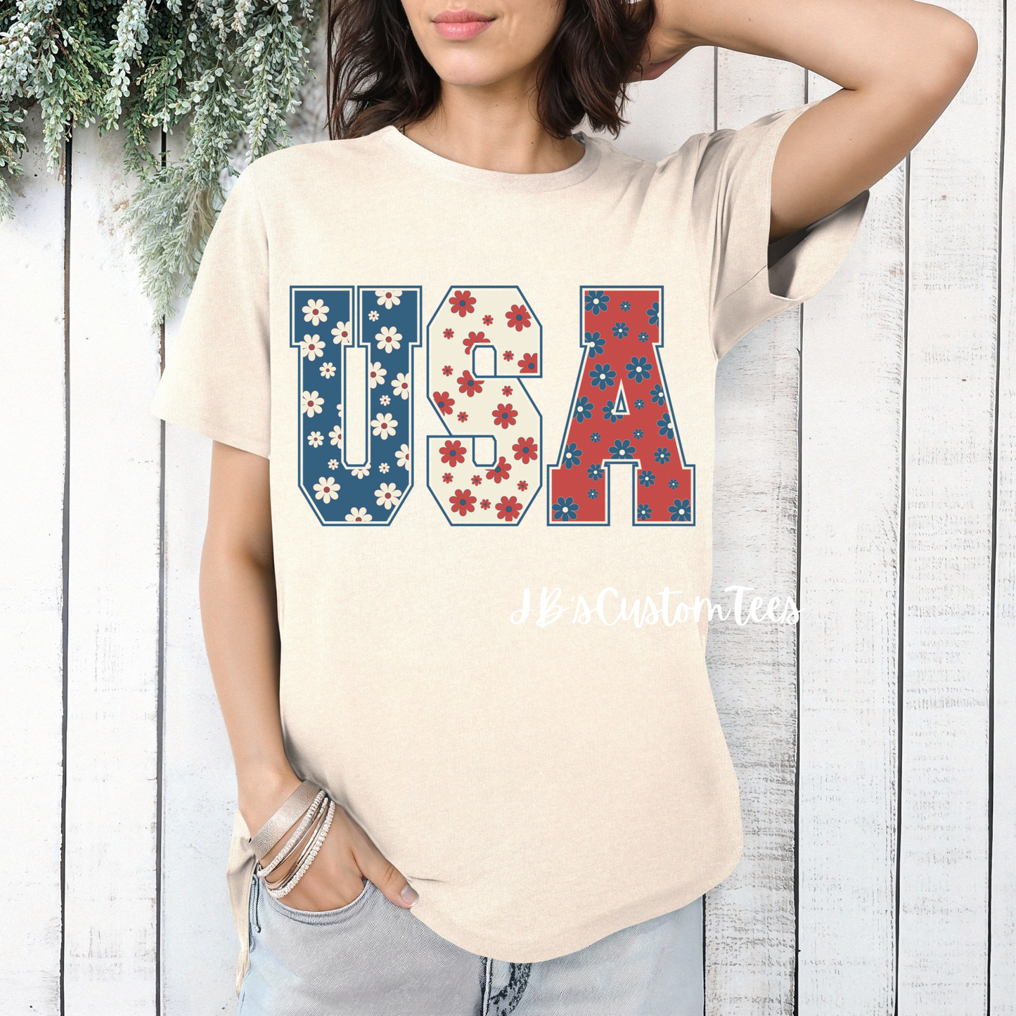 Floral USA Natural Gildan Tee