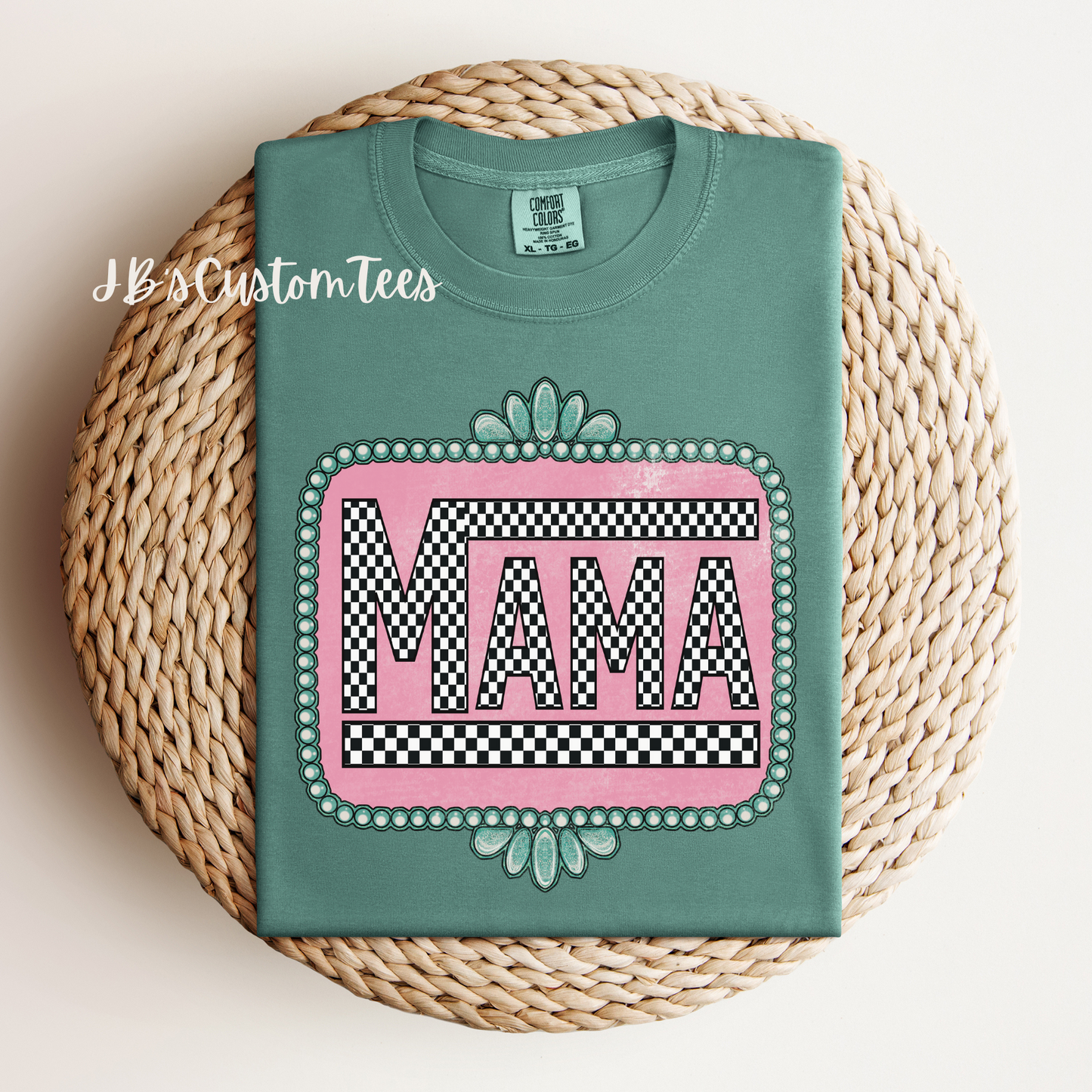 Turquoise Checkered Mama Tee