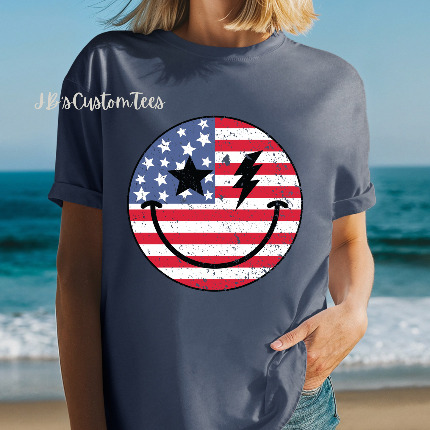 American Flag Smiley Unisex Comfort Colors Tee